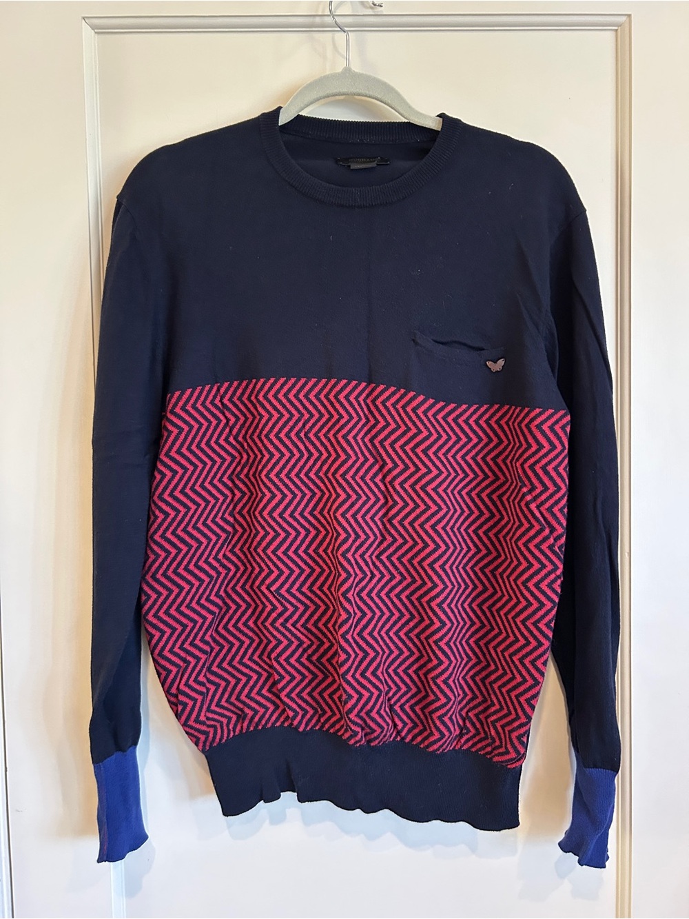 Duchamp Navy and Red Chevron Crewneck Sweater - made in Italy